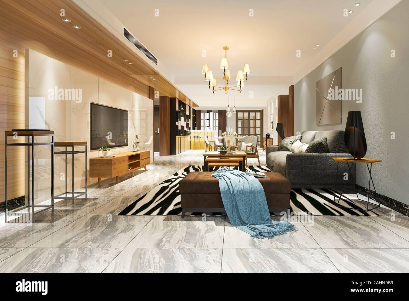 3d rendering modern dining room and living room with luxury decor Stock ...