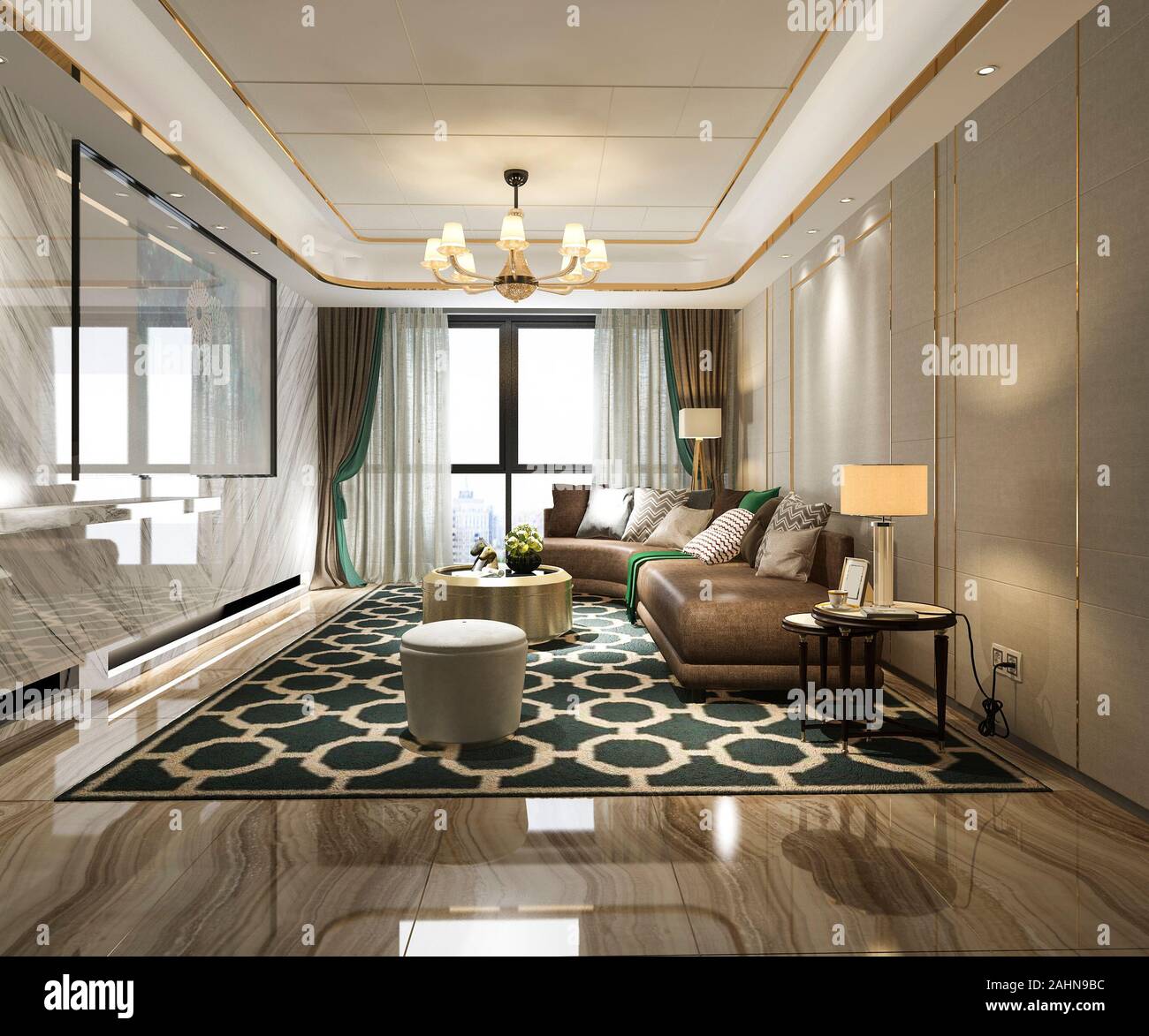 3d rendering luxury and modern living room with leather sofa Stock ...