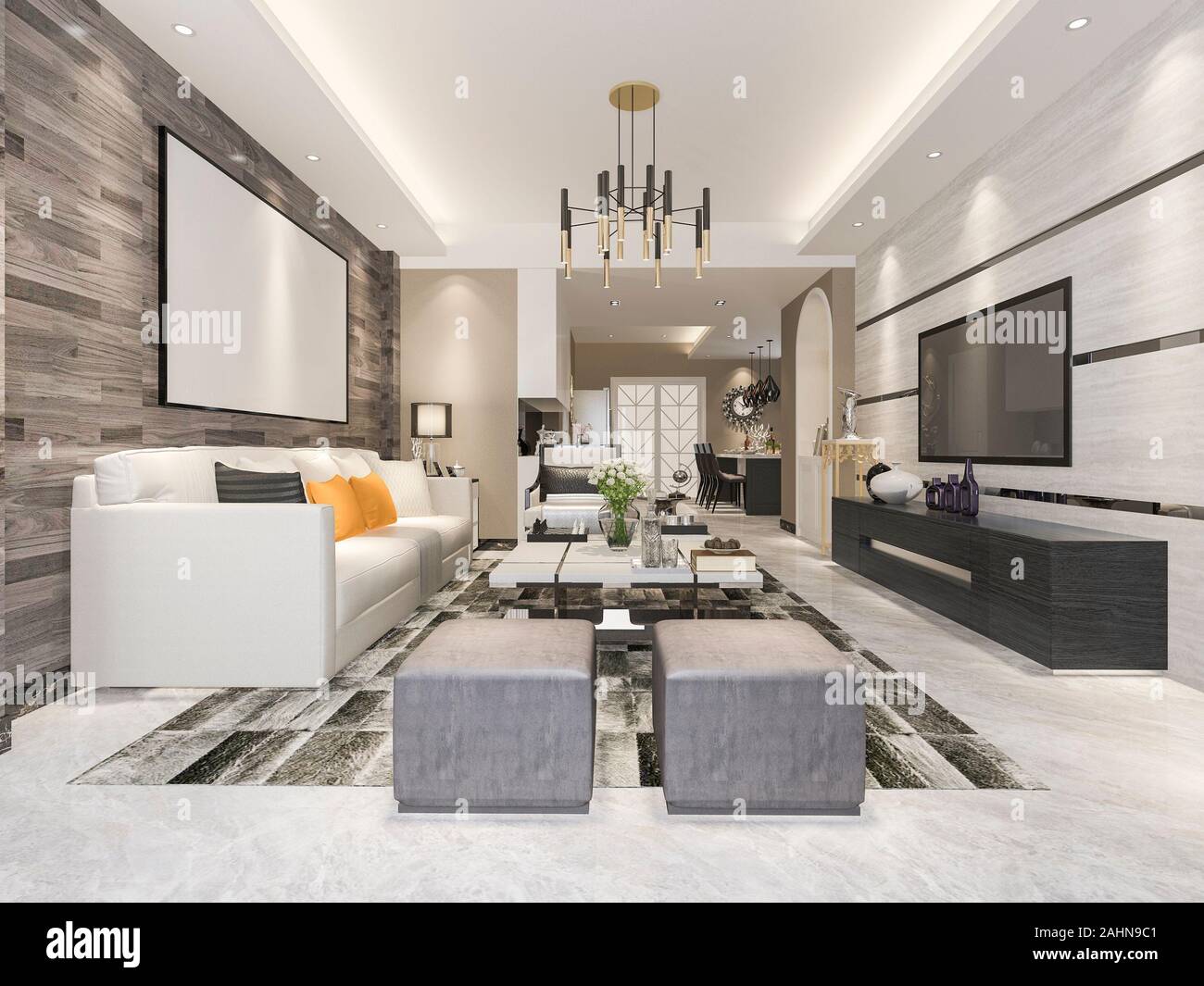 3d rendering modern dining room and living room with luxury decor Stock ...
