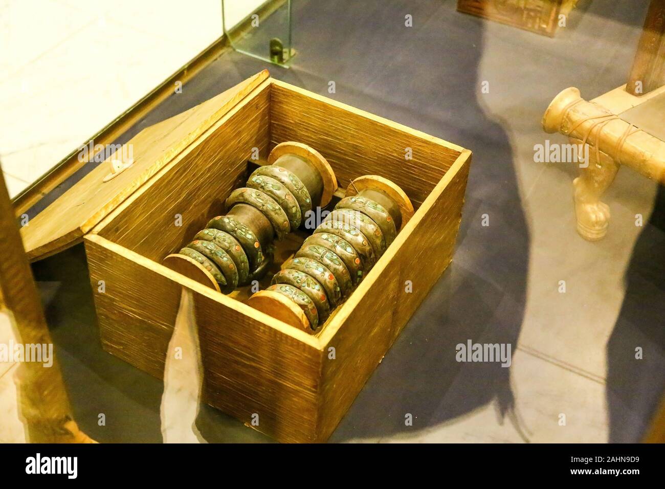 A wooden box of ornate bracelets on display in the Egyptian Museum of