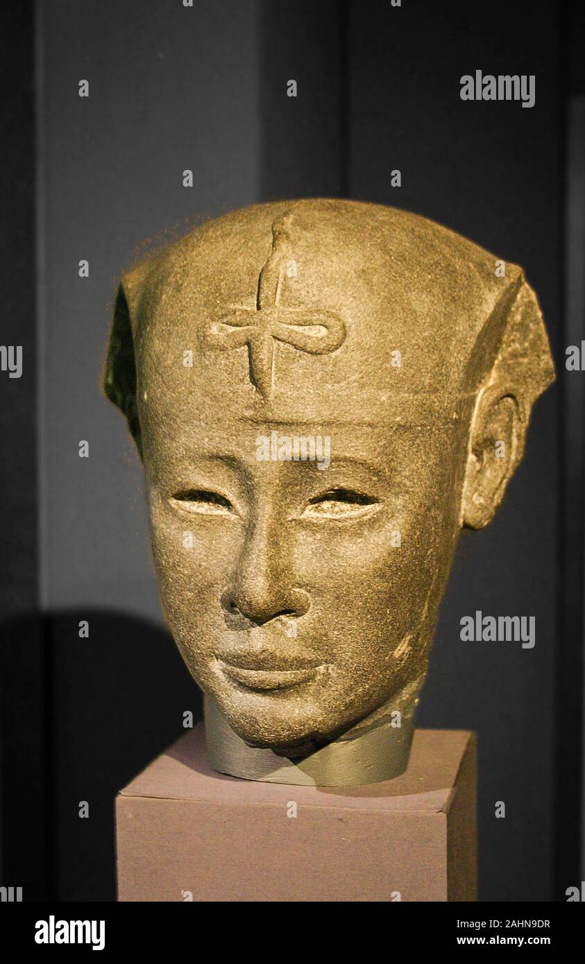 Egypt, Alexandria, Archeological museum of the Bibliotheca Alexandrina,  royal head with an uraeus. Black basalt.  Found in Abukir by Franck Goddio. Stock Photo