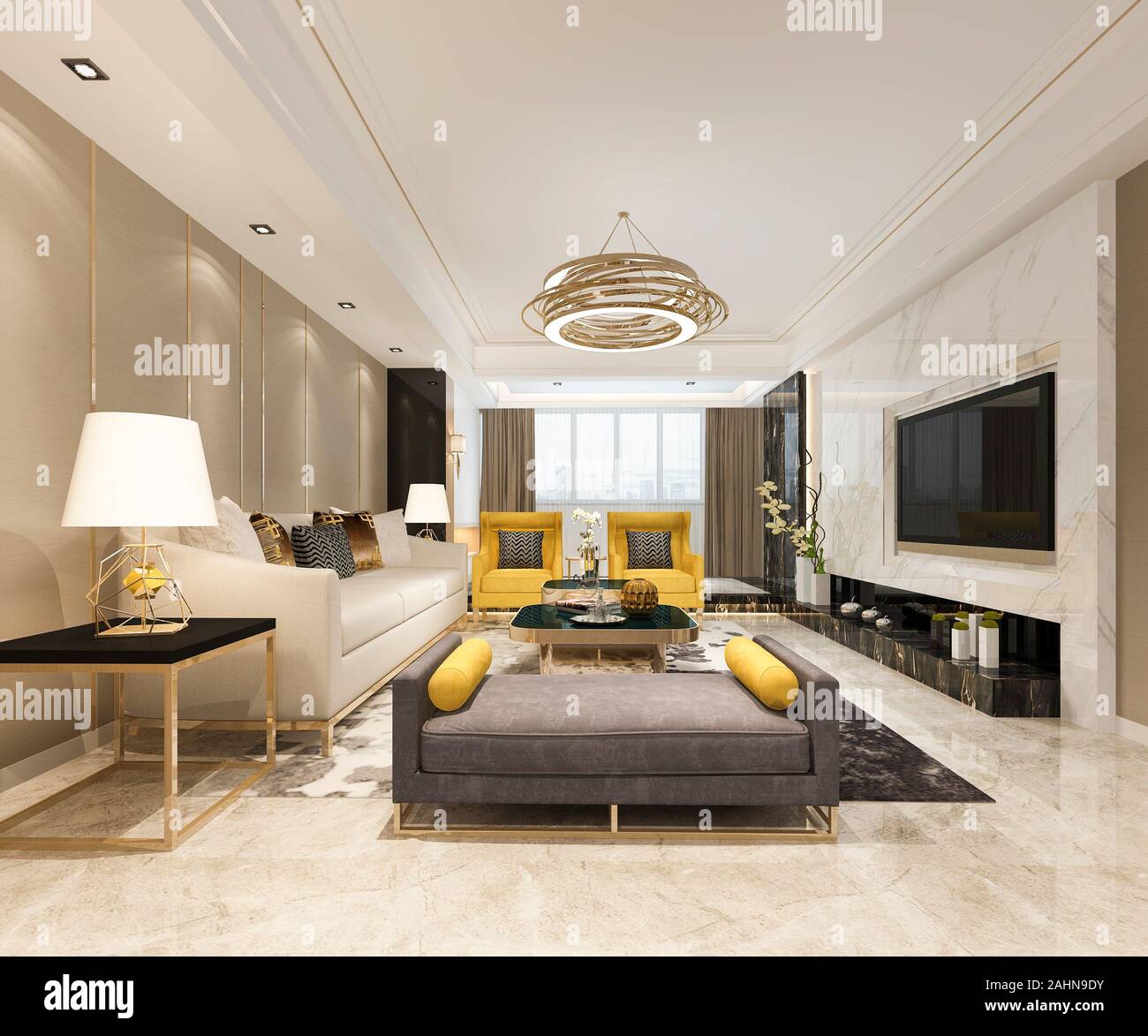 3d rendering luxury and modern living room with leather sofa Stock ...