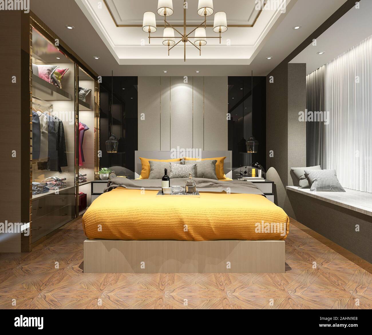 3d Rendering Luxury Modern Bedroom Suite Tv With Wardrobe