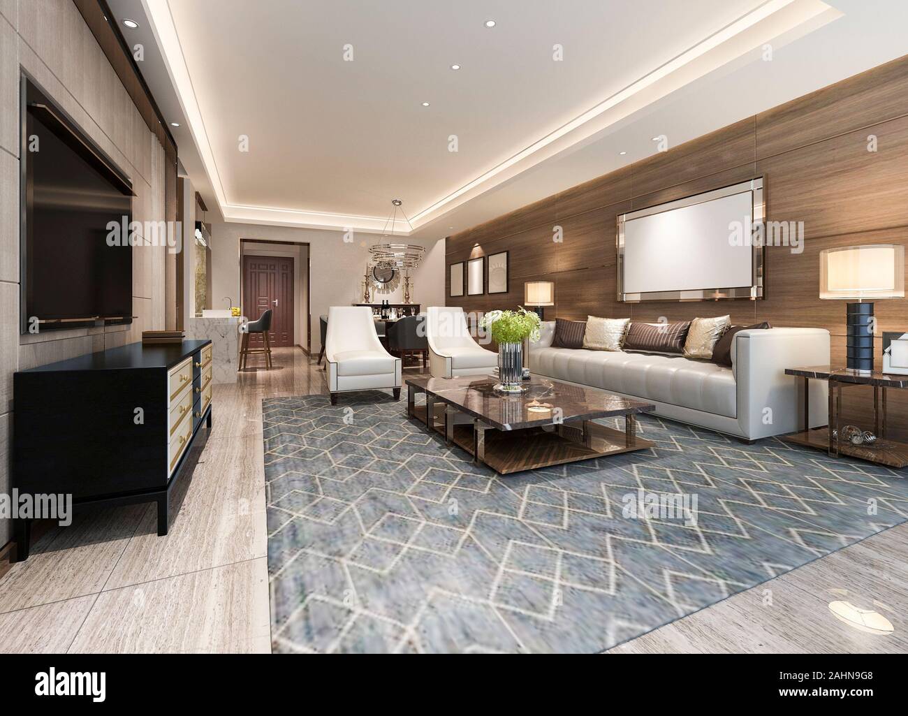 3d rendering modern dining room and living room with luxury decor Stock ...