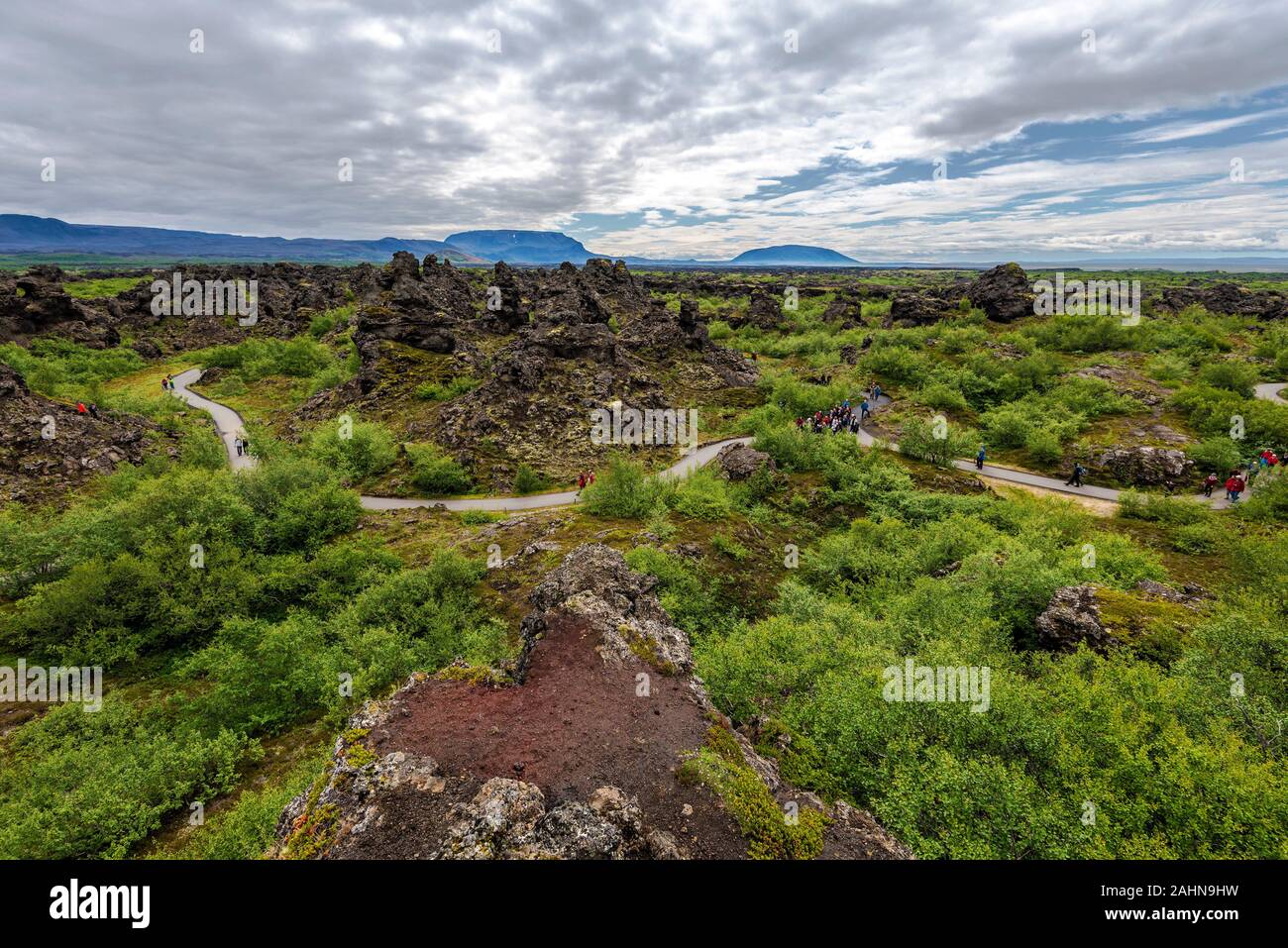View at tourist area of Dimmu Borgir Lavafeld in the East of Mytavn lake in Northern Iceland. Stock Photo