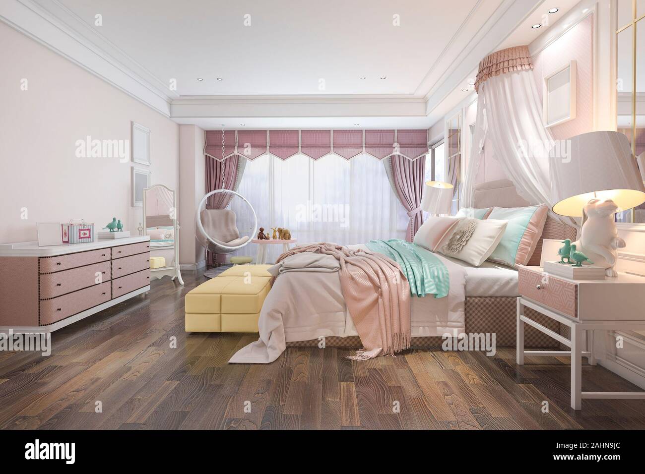 3d rendering beautiful pink vintage kid bedroom Stock Photo