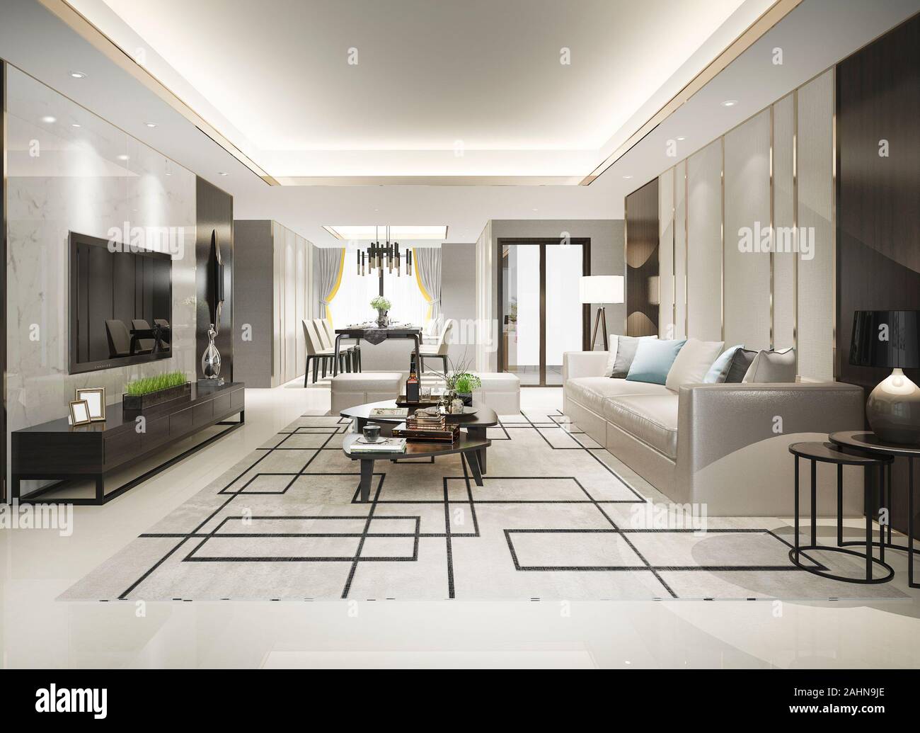 3d rendering modern dining room and living room with luxury decor Stock ...
