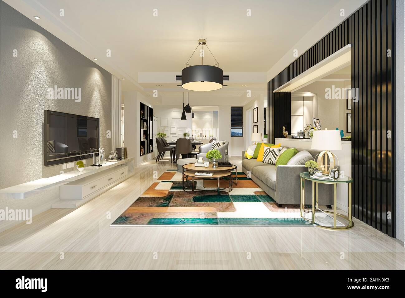 3d rendering modern dining room and living room with luxury decor Stock ...