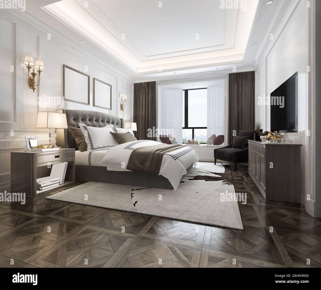 3d rendering beautiful luxury bedroom suite in hotel with tv Stock Photo