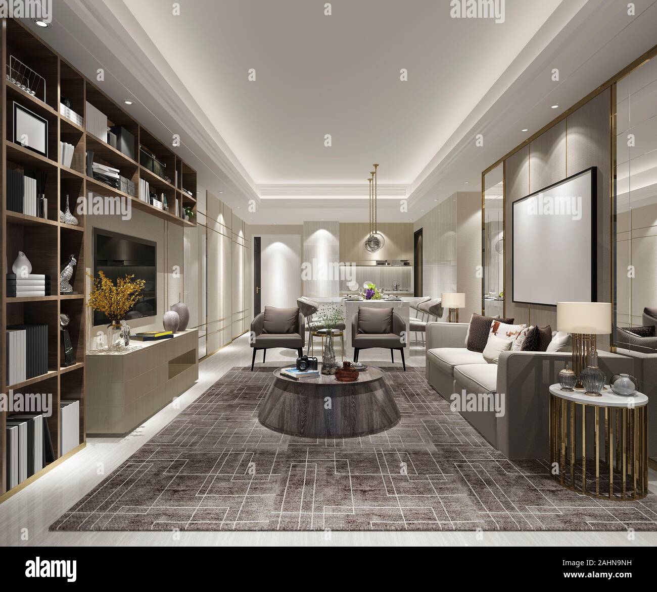 3d rendering modern dining room and living room with luxury decor Stock ...