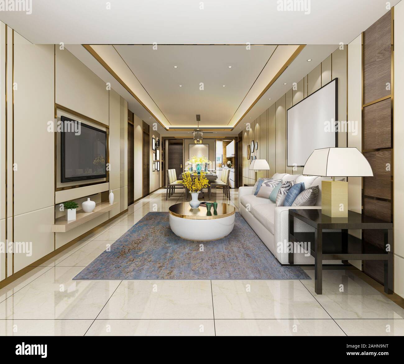 3d rendering modern dining room and living room with luxury decor Stock ...