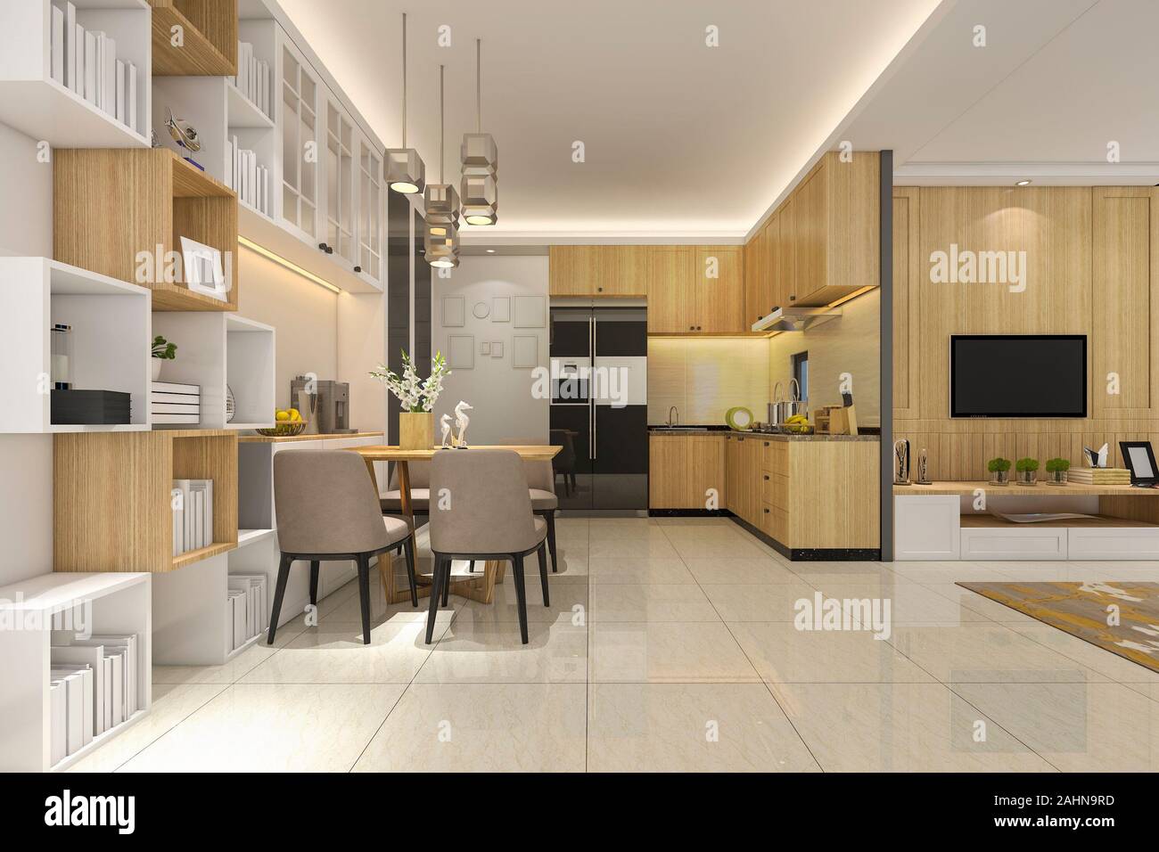 3d rendering white minimal kitchen with luxury decoration Stock Photo