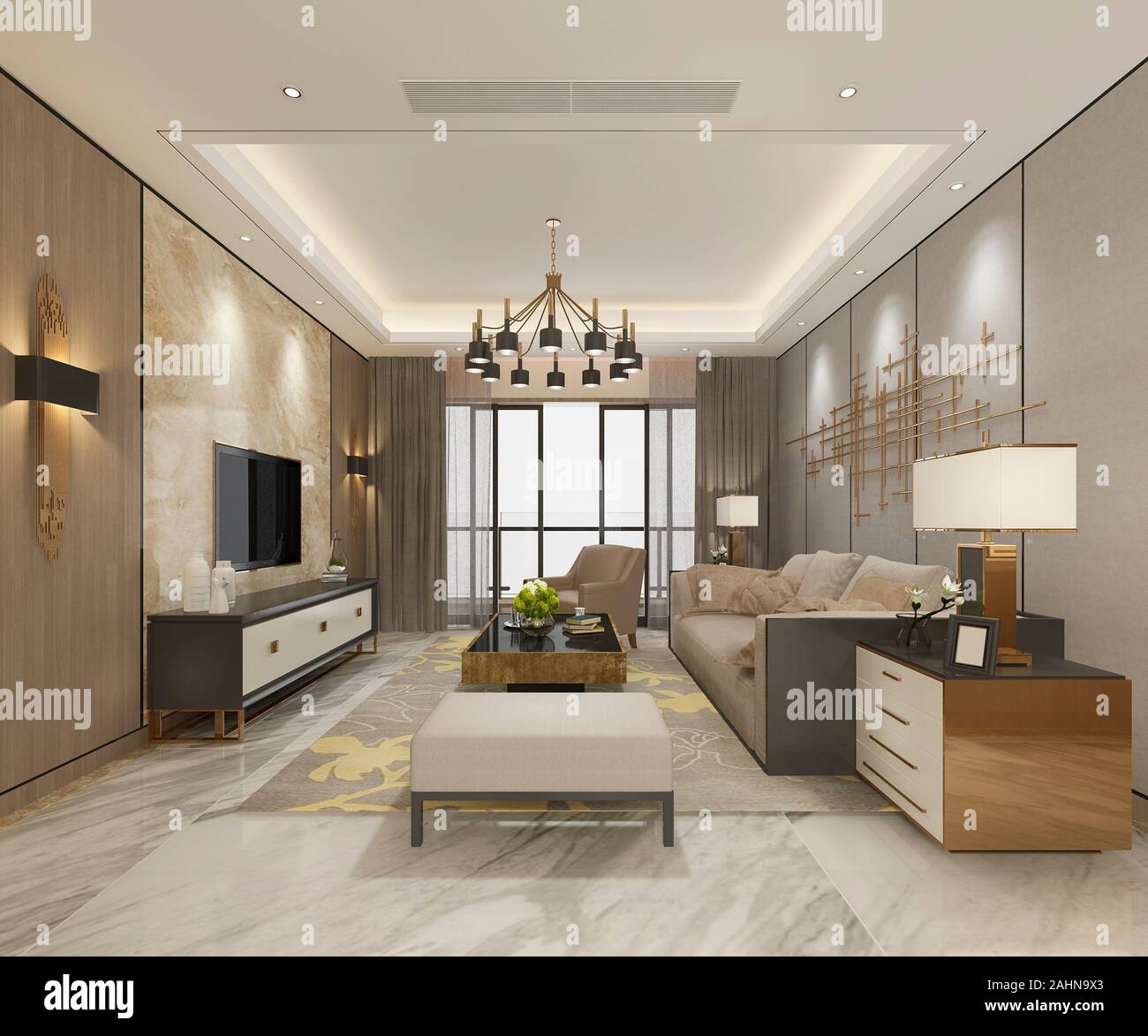 3d rendering modern dining room and living room with luxury decor Stock ...