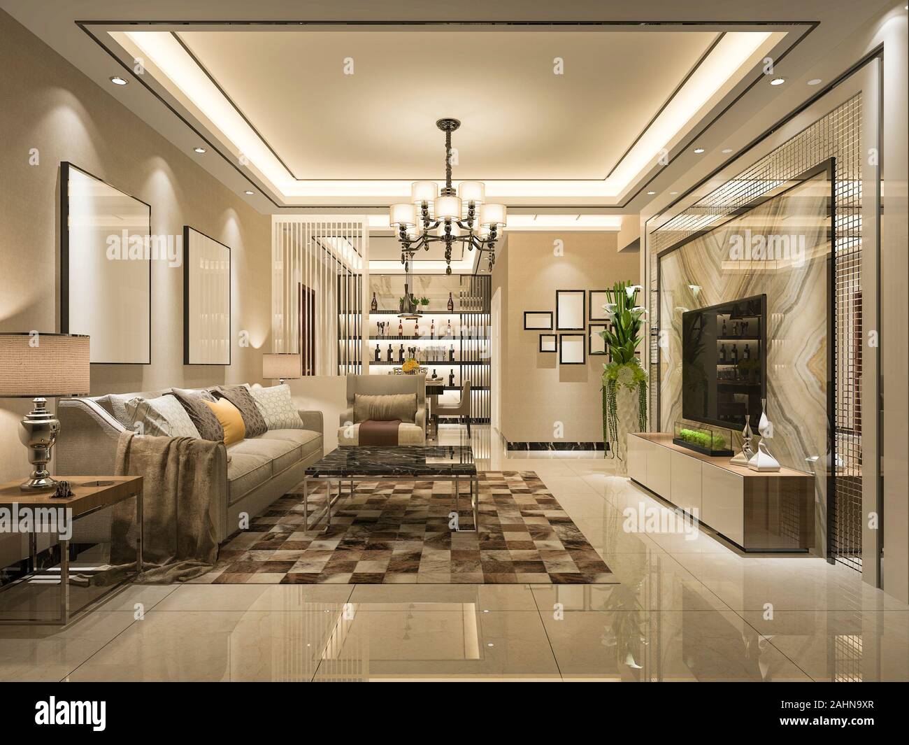 3d rendering modern dining room and living room with luxury decor Stock ...