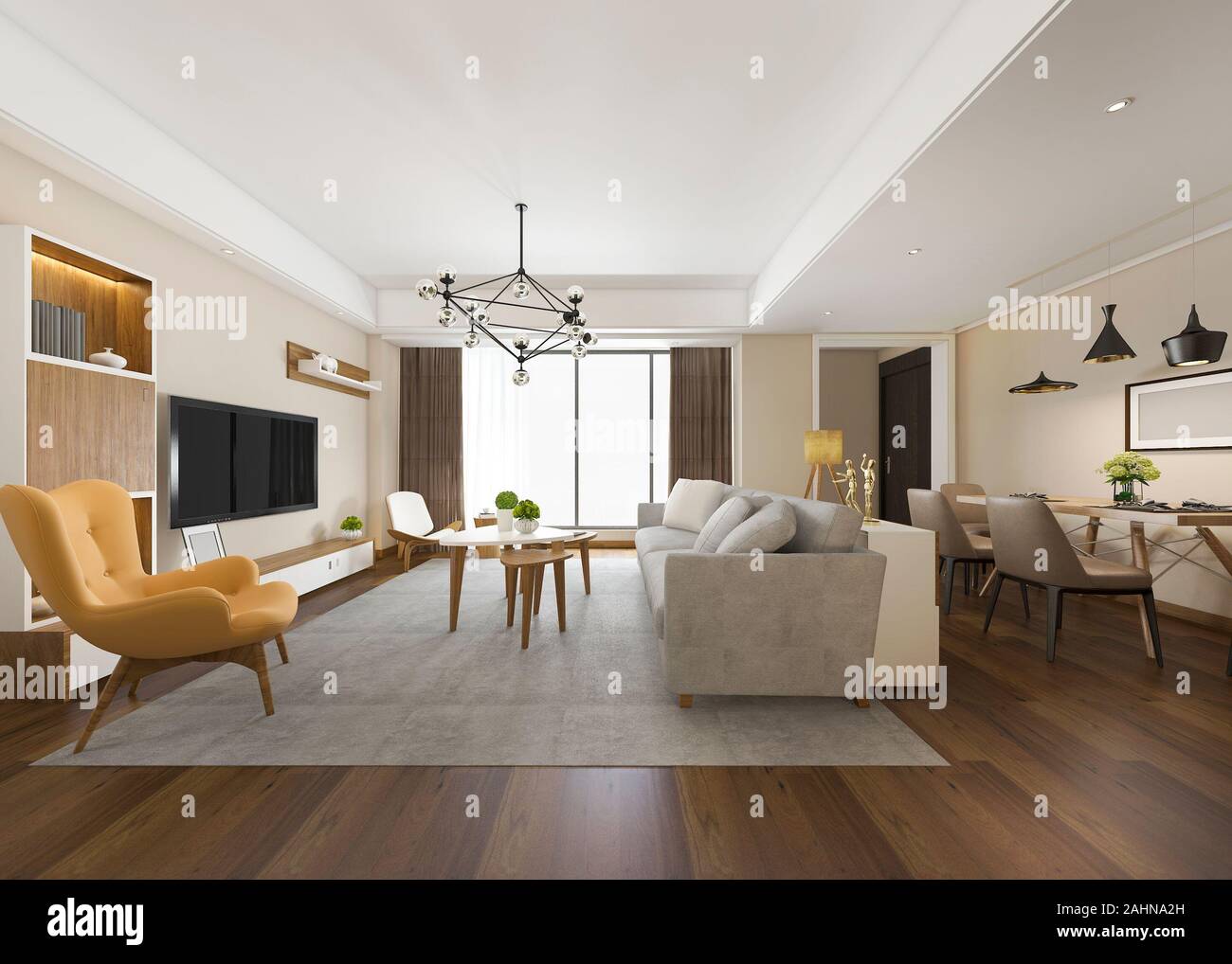 3d rendering modern dining room and living room with luxury decor Stock ...