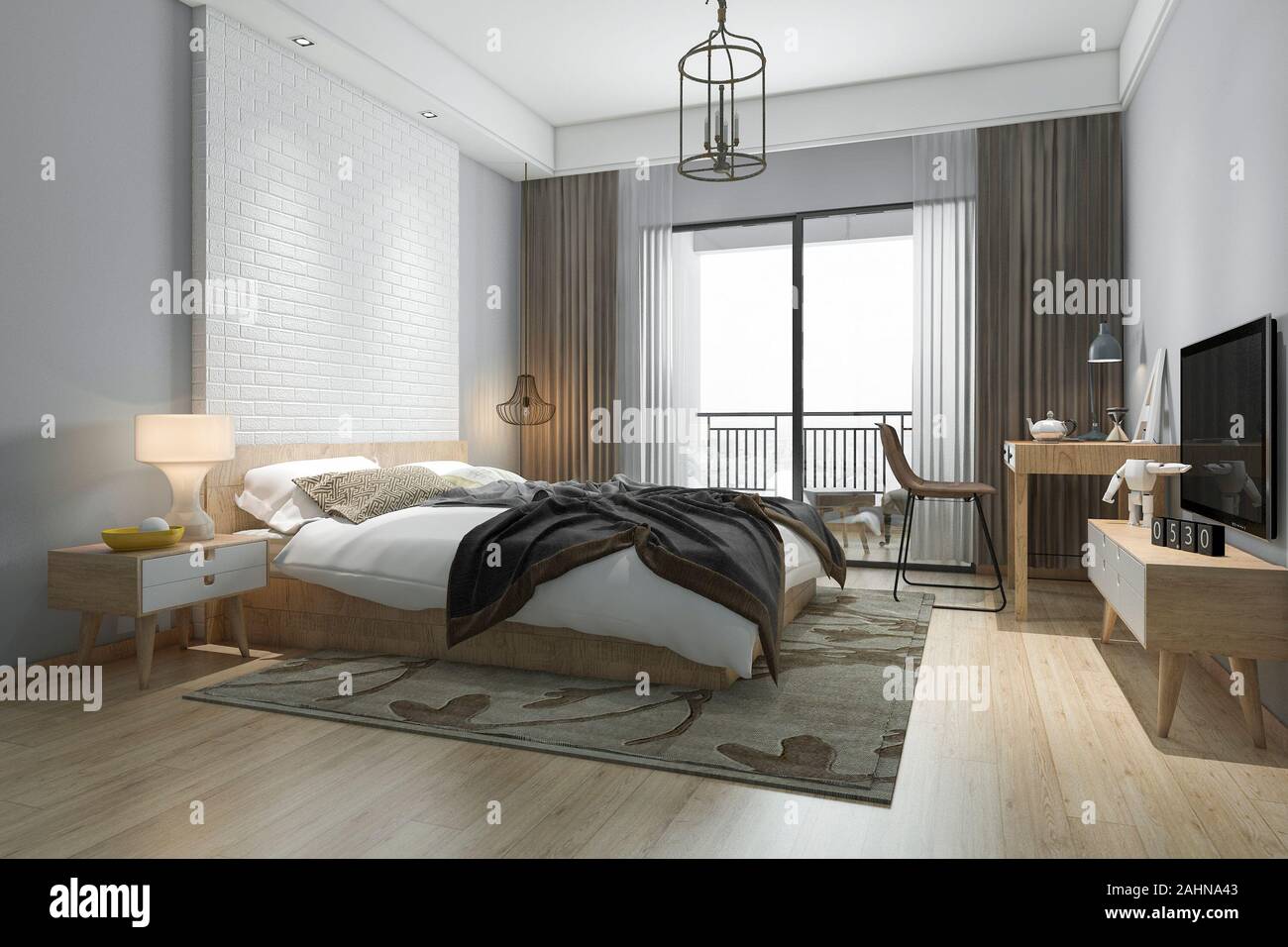 3d rendering beautiful minimal bedroom suite in hotel with tv Stock Photo