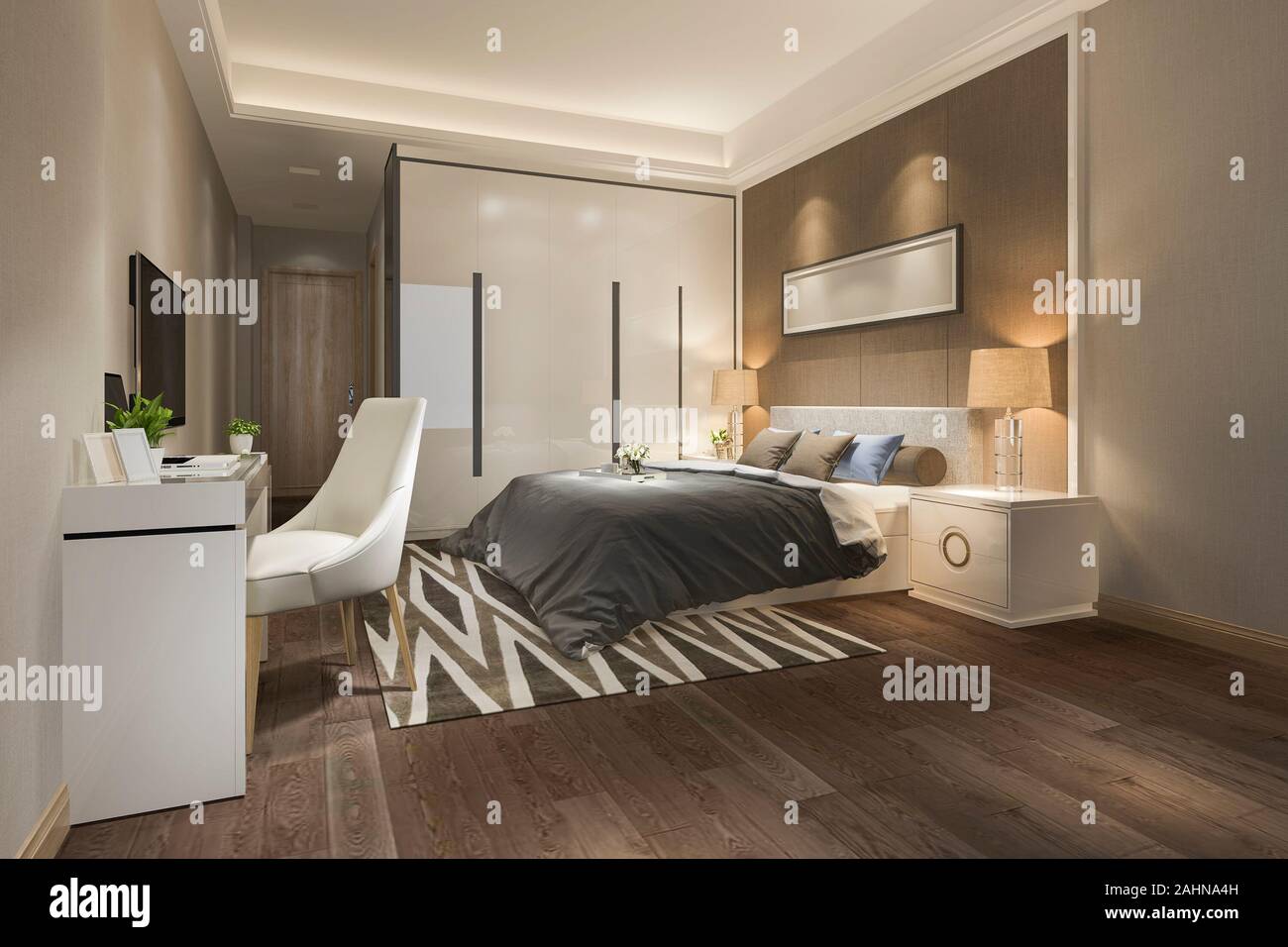 3d rendering beautiful luxury bedroom suite in hotel with tv Stock Photo