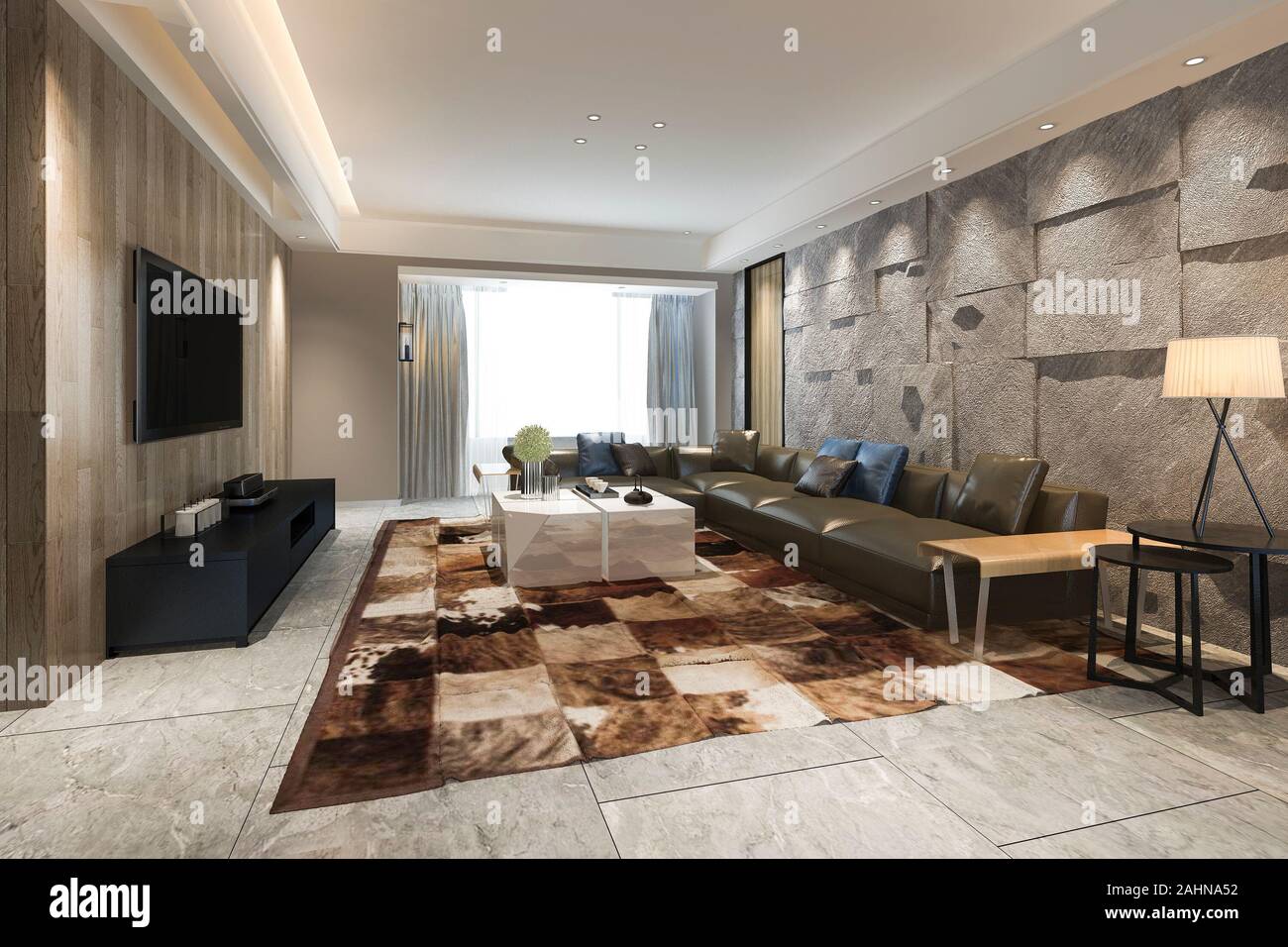 3d rendering luxury and modern living room with fabric sofa Stock Photo ...