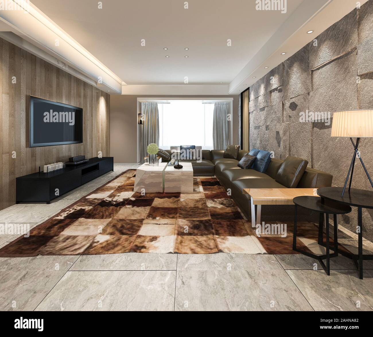 3d rendering luxury and modern living room with fabric sofa Stock Photo ...