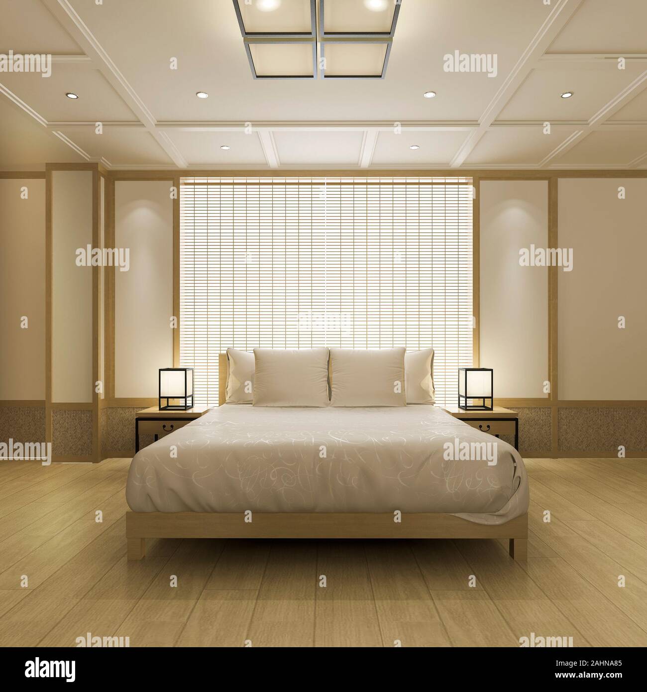 3d rendering beautiful luxury asian bedroom suite in hotel with tv Stock Photo