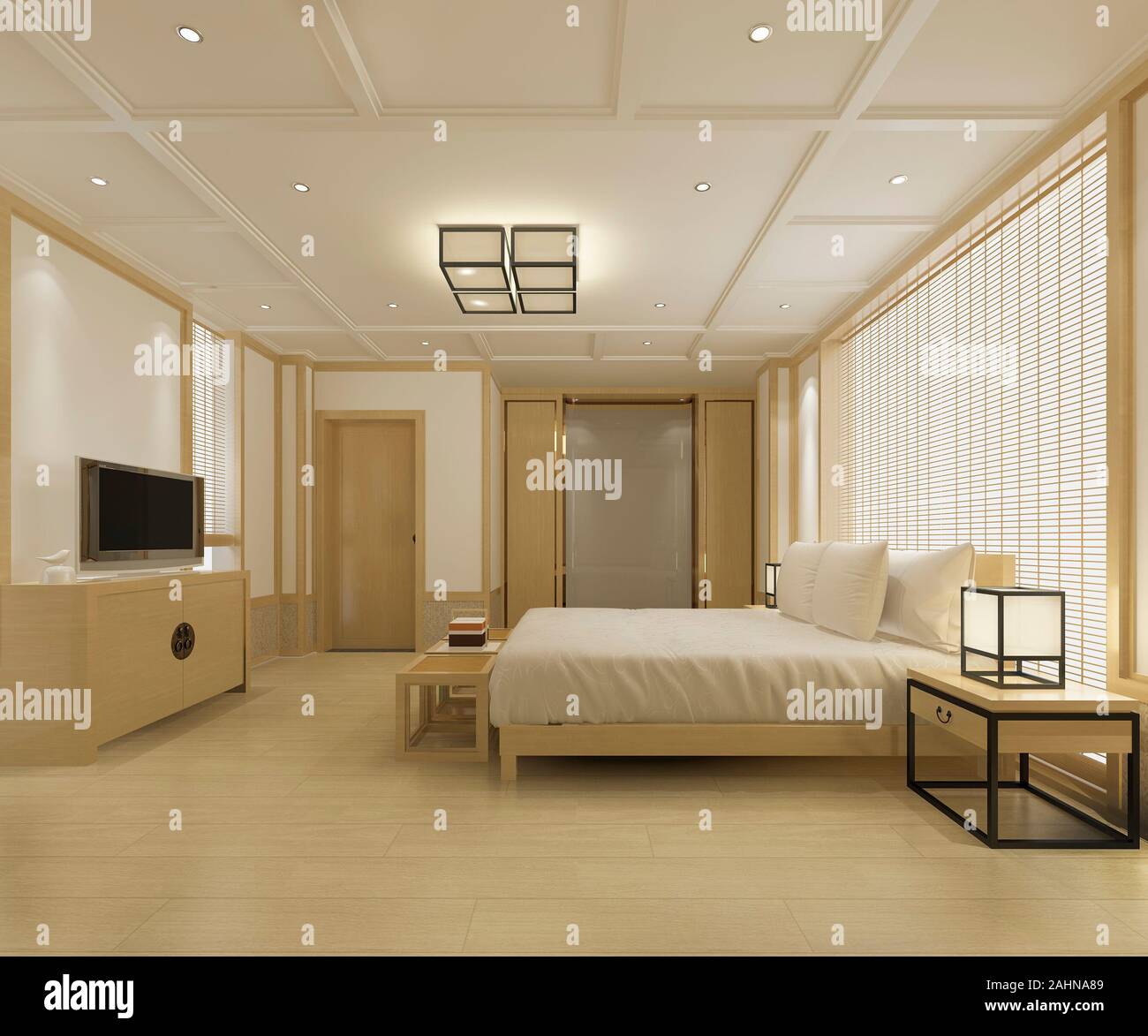 3d rendering beautiful luxury asian bedroom suite in hotel with tv Stock Photo