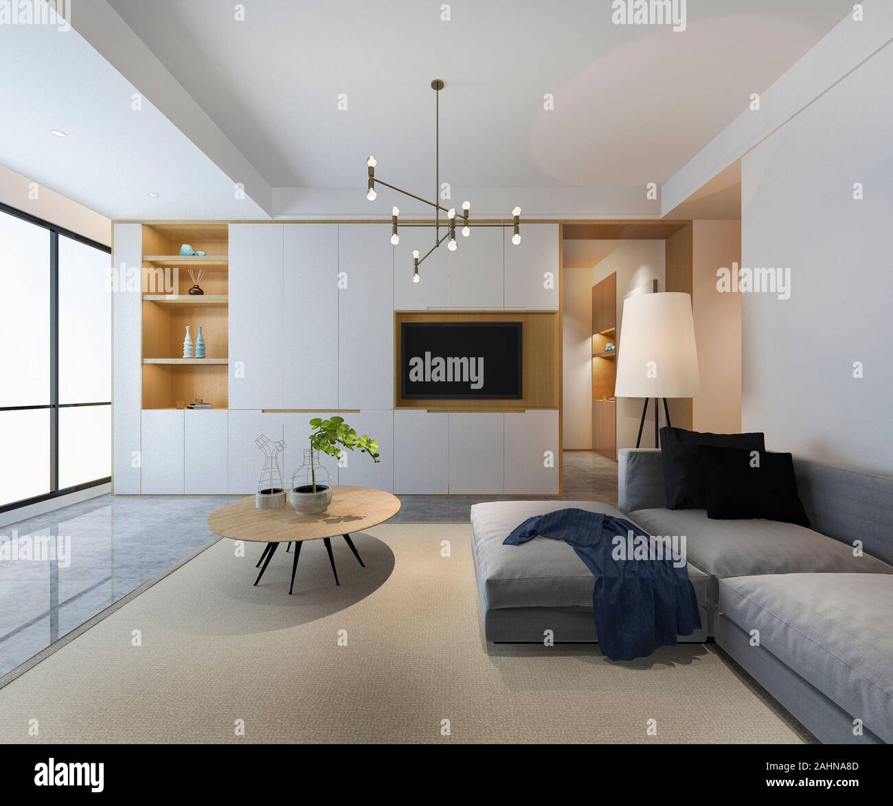 3d rendering loft luxury living room with bookshelf Stock Photo