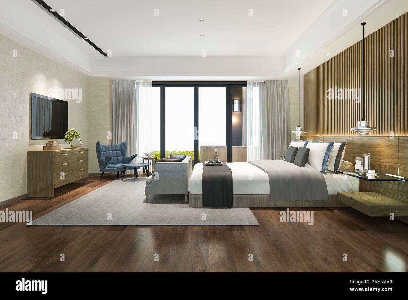 3d rendering beautiful luxury bedroom suite in hotel with tv Stock Photo