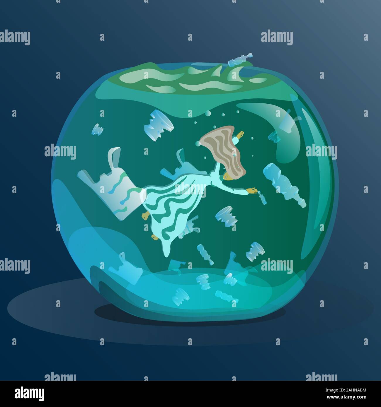 A drowning girl in a round aquarium among the garbage from plastic waste.  Metaphor, the concept of world pollution of nature and water, the death of a  Stock Vector Image & Art -