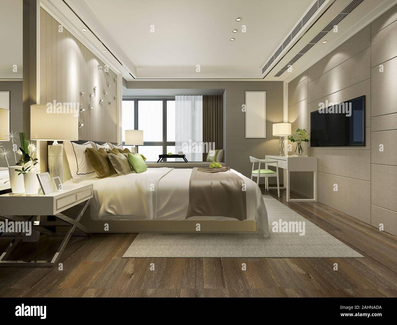 3d rendering beautiful luxury bedroom suite in hotel with tv Stock Photo