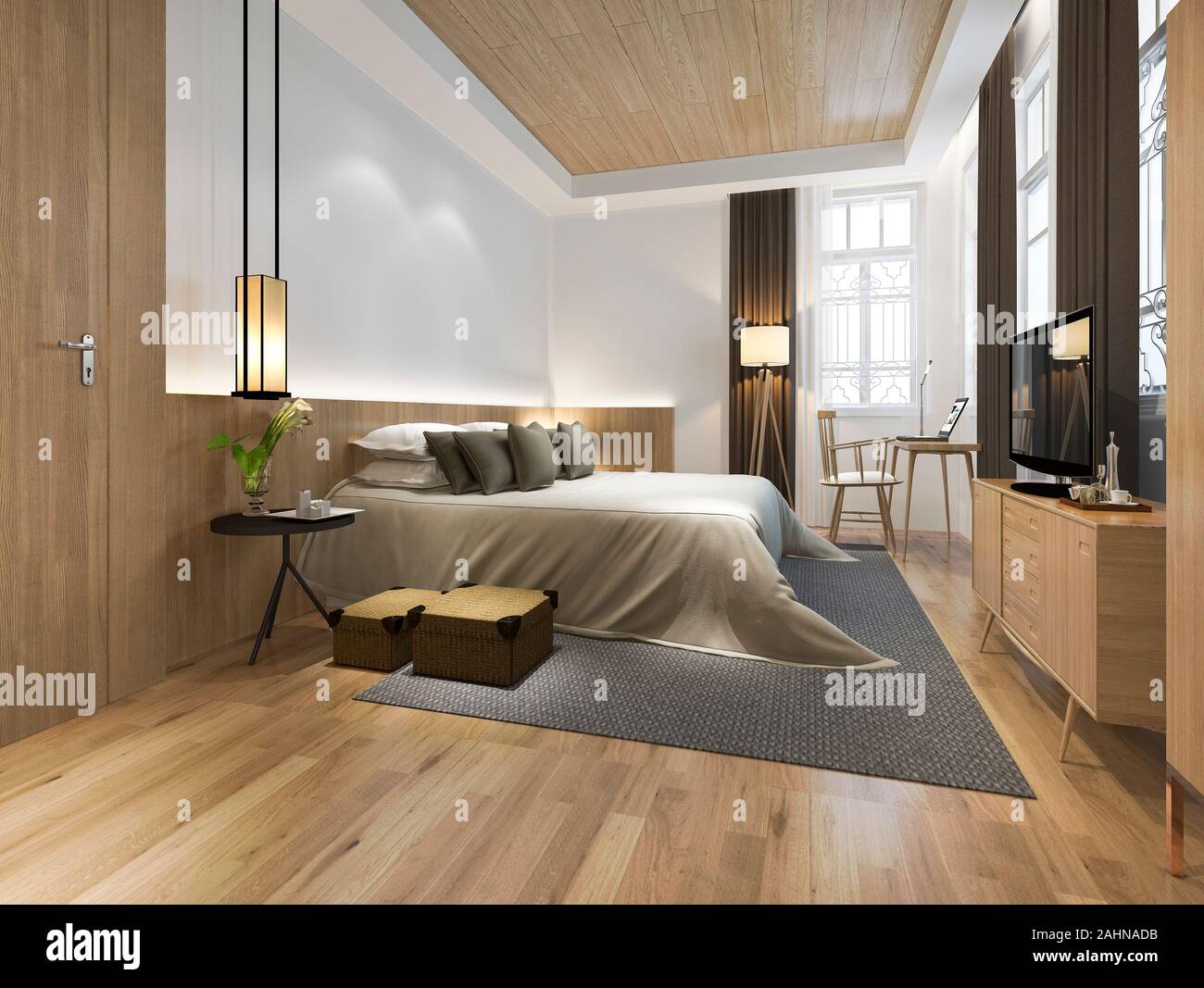 3d rendering wood minimal style bedroom with view from window Stock Photo