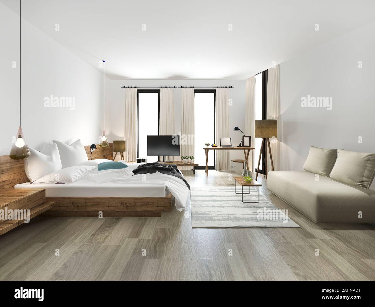 3d rendering wood minimal style bedroom with view from window Stock Photo