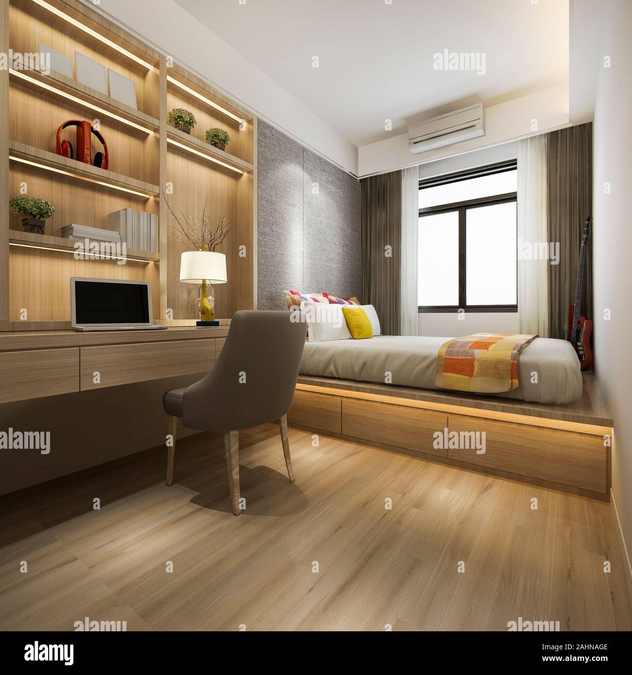 3d rendering beautiful luxury bedroom suite in hotel with tv and working table Stock Photo