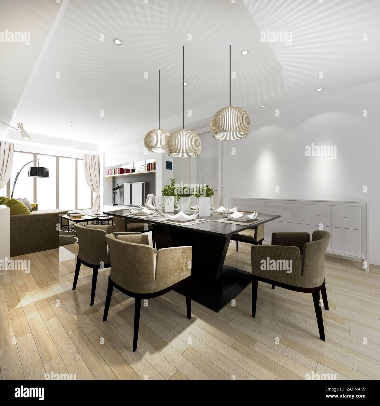 3d rendering modern dining room and living room with luxury decor Stock ...
