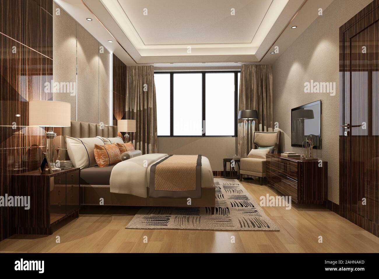 3d rendering beautiful luxury bedroom suite in hotel with tv Stock Photo