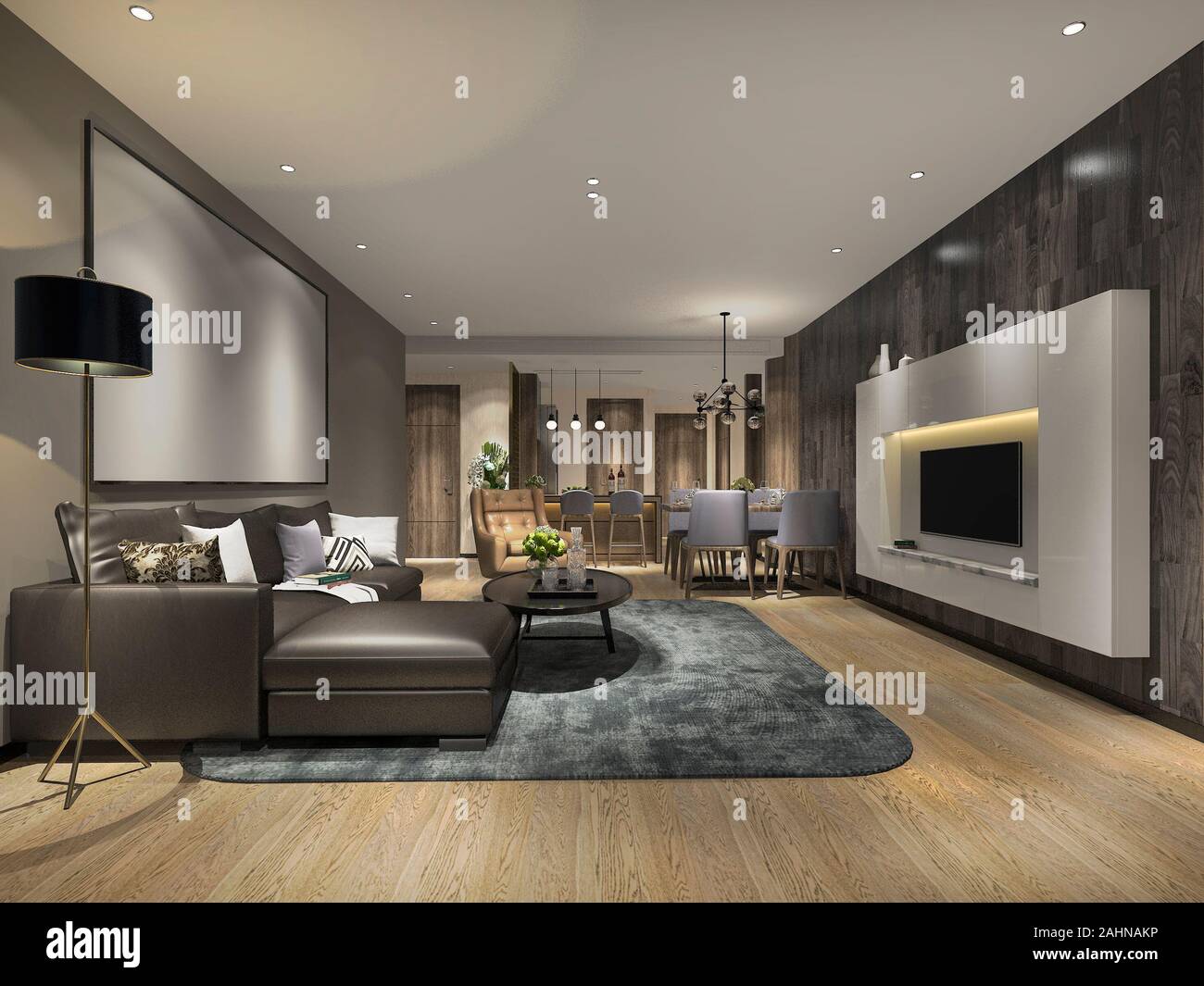 3d rendering modern dining room and living room with luxury decor Stock ...