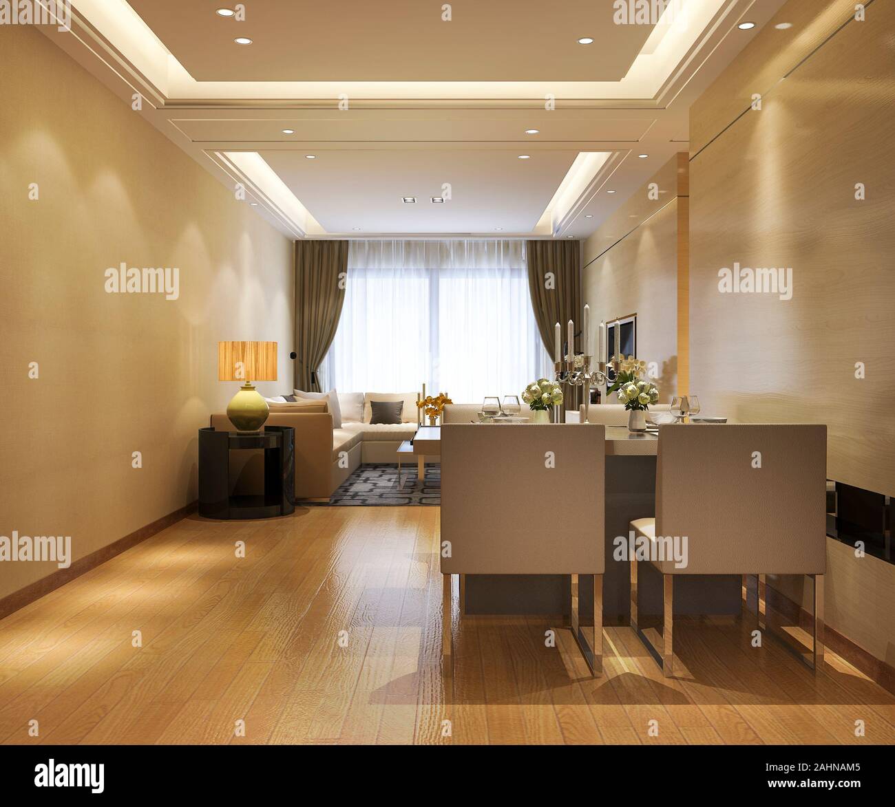 3d rendering modern dining room and living room with luxury decor Stock ...