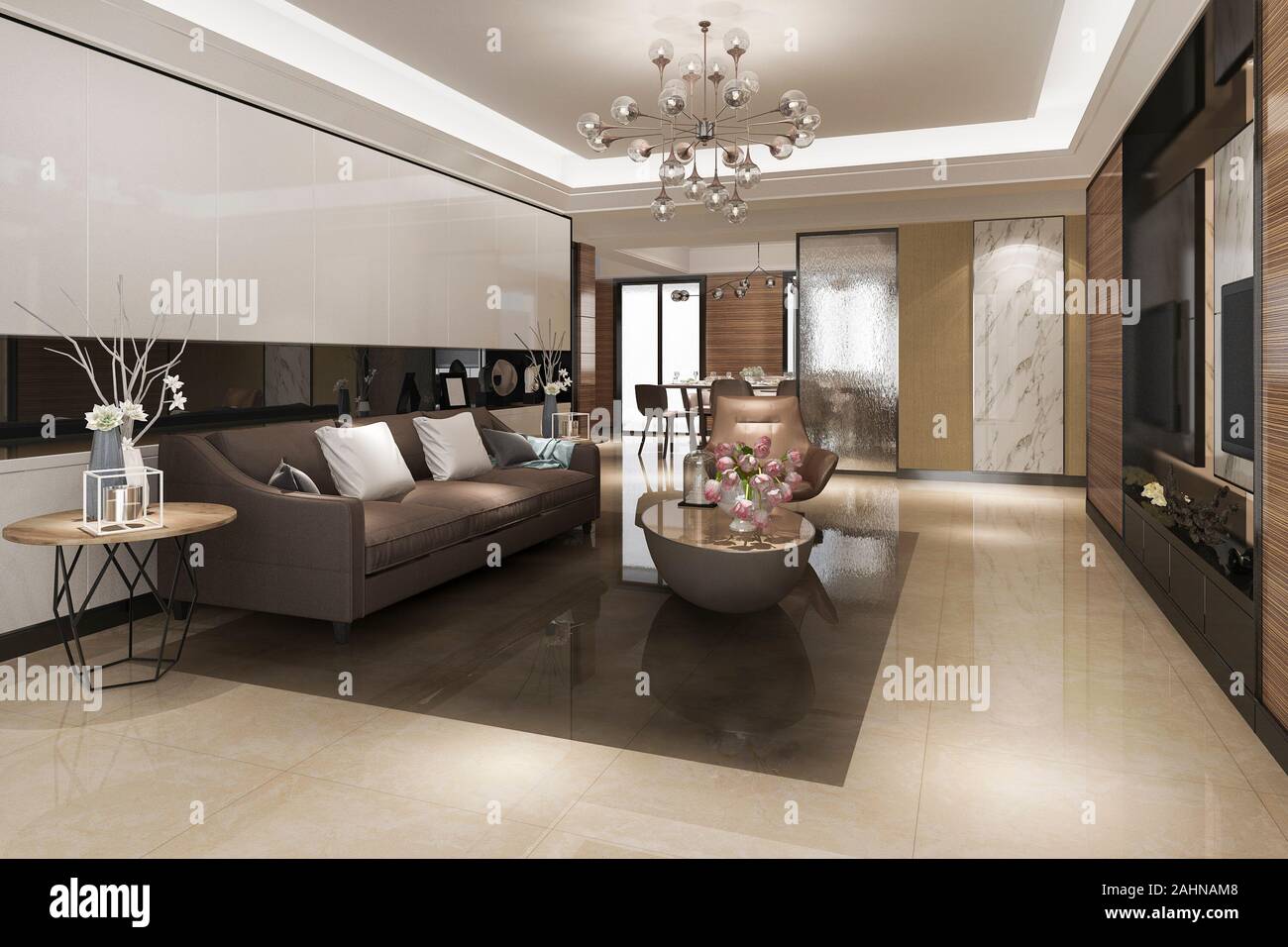 3d rendering modern dining room and living room with luxury decor Stock ...