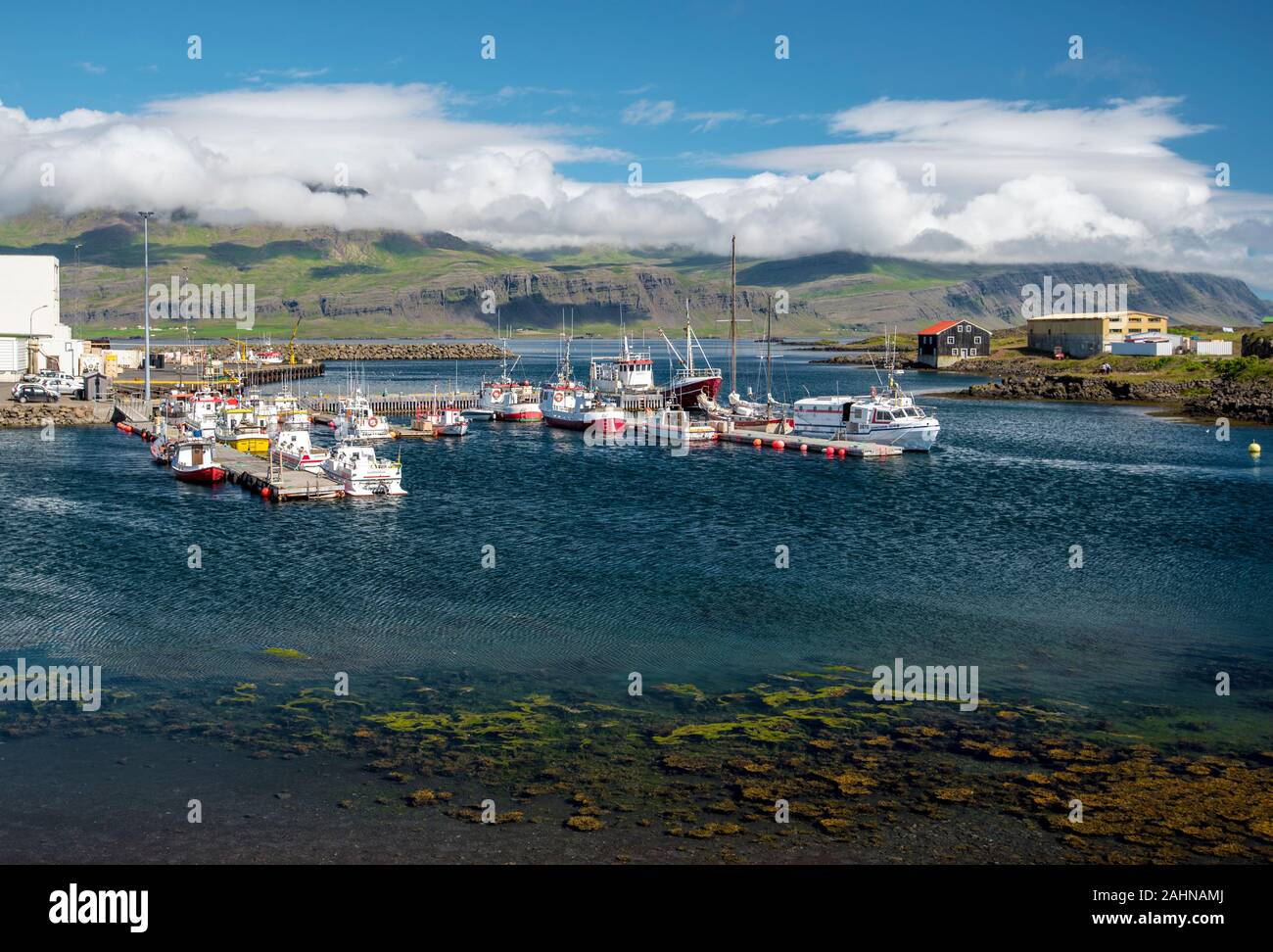Djupivogur, Iceland – 25 July, 2018   Harbor of Djupivogur town in the Austurland in eastern Iceland. Stock Photo