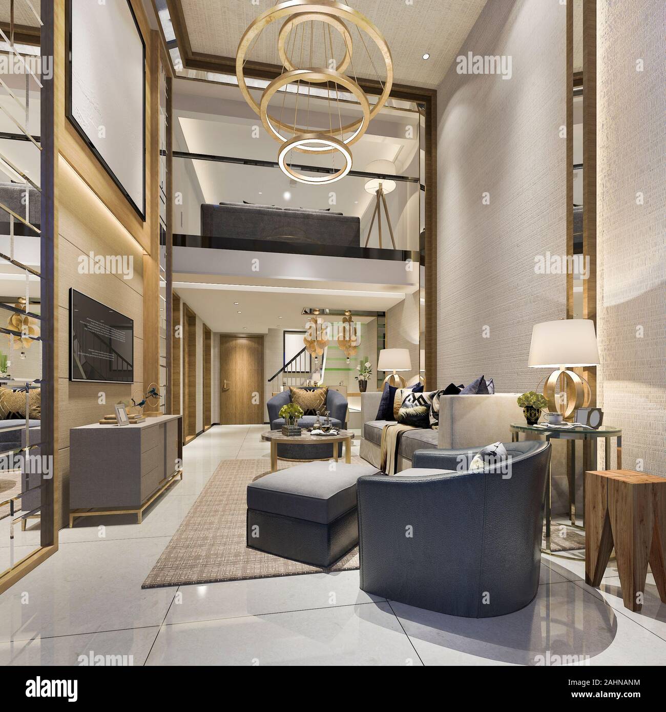 3d rendering modern dining room and living room with luxury decor Stock ...