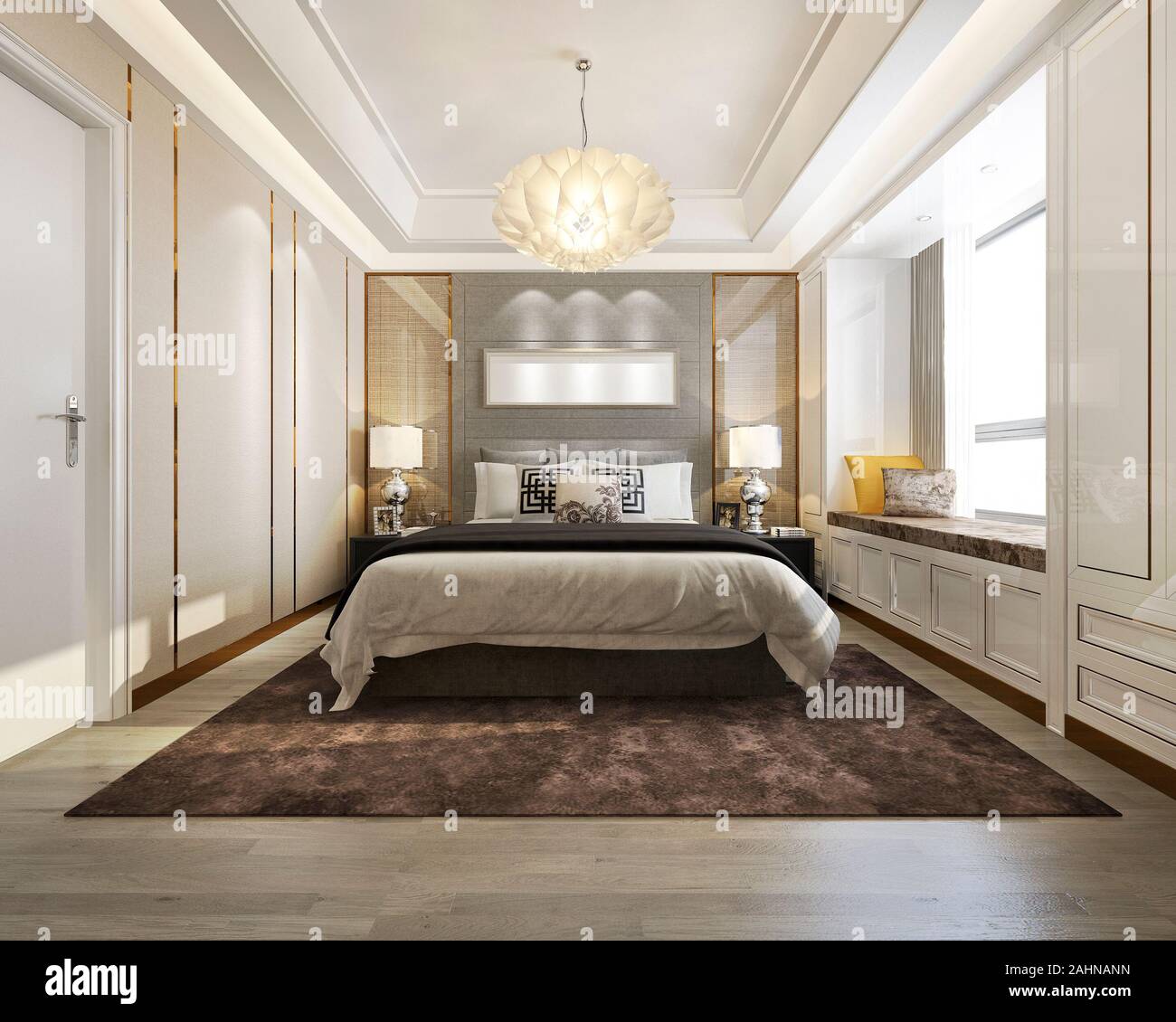 3d rendering luxury modern bedroom suite tv with wardrobe and walk in closet Stock Photo