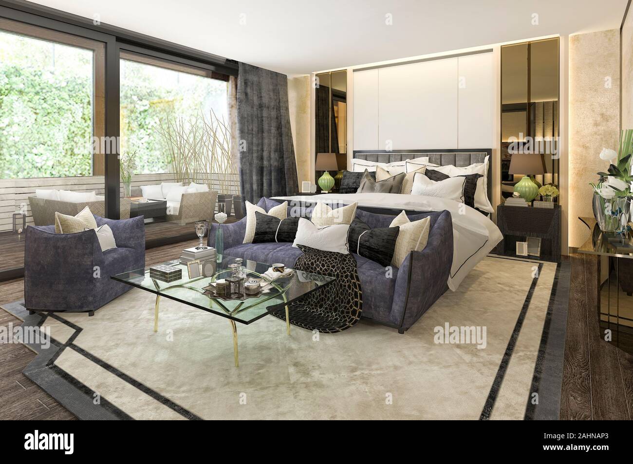 3d rendering beautiful luxury bedroom suite in hotel with tv Stock Photo