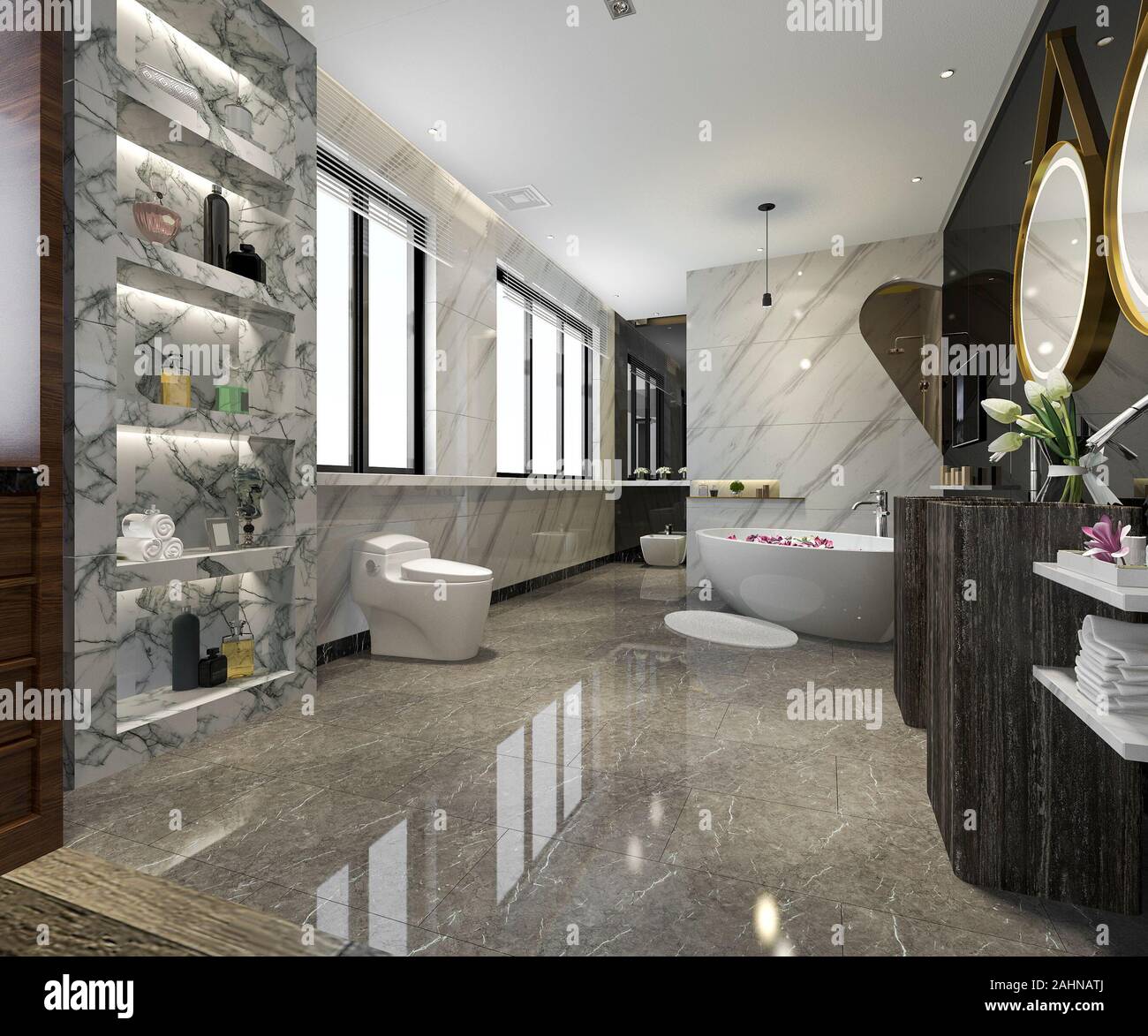 3d rendering modern bathroom with luxury tile decor Stock Photo