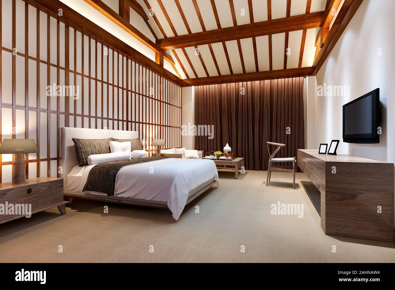 3d rendering luxury chinese bedroom suite in resort hotel Stock Photo