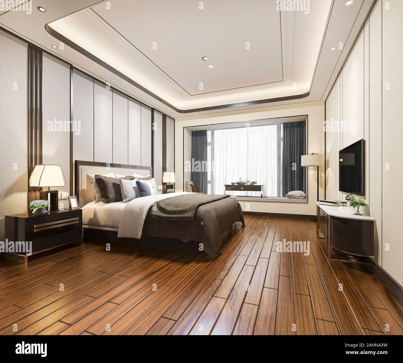 3d rendering luxury modern bedroom suite in hotel Stock Photo