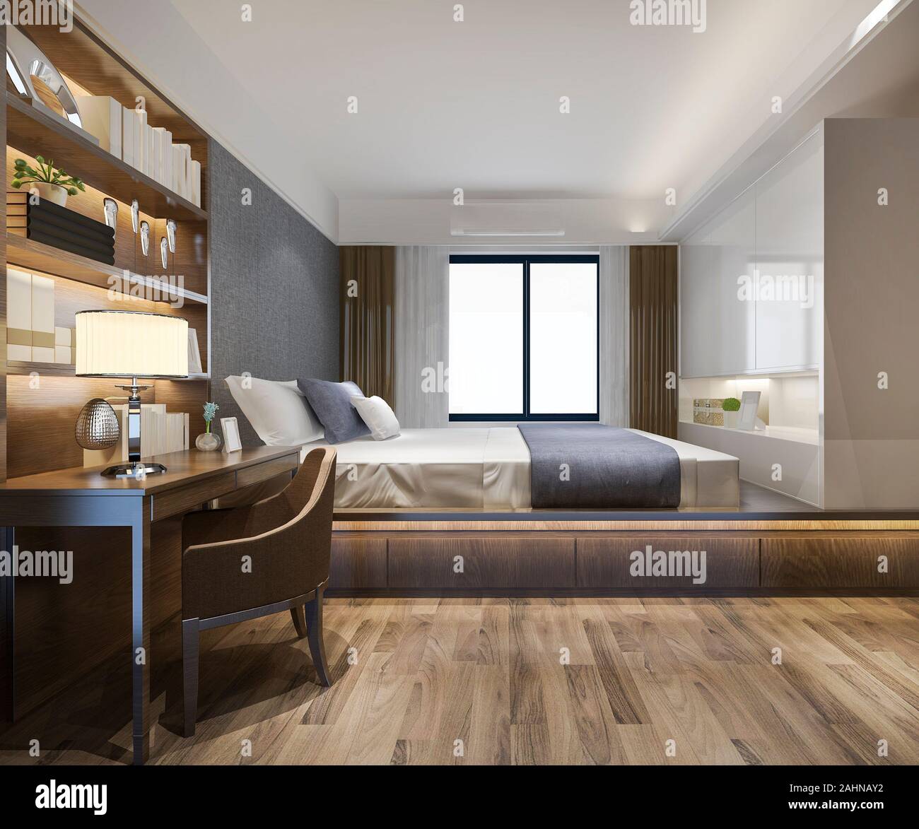 3d rendering beautiful luxury bedroom suite in hotel with tv and working table Stock Photo