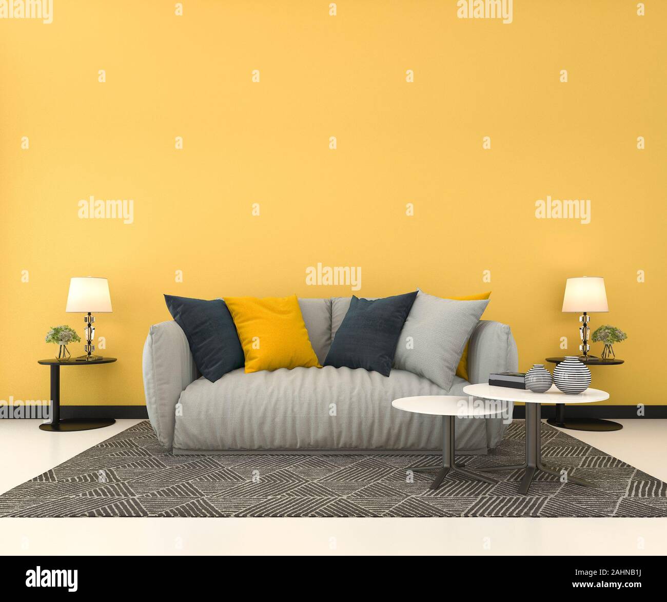 3d rendering mock up yellow wall in living room with sofa Stock Photo