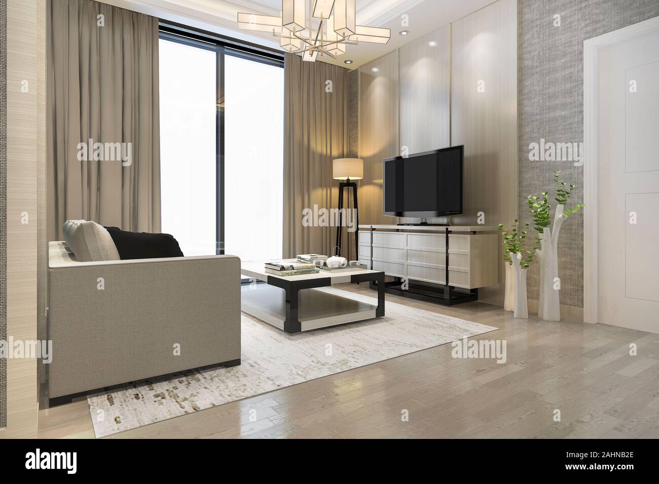 3d rendering luxury and modern living room with fabric sofa Stock Photo ...
