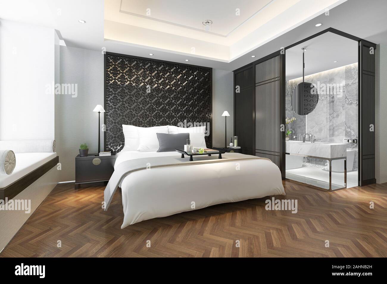3d rendering modern luxury chinese bedroom suite in resort with bathroom Stock Photo