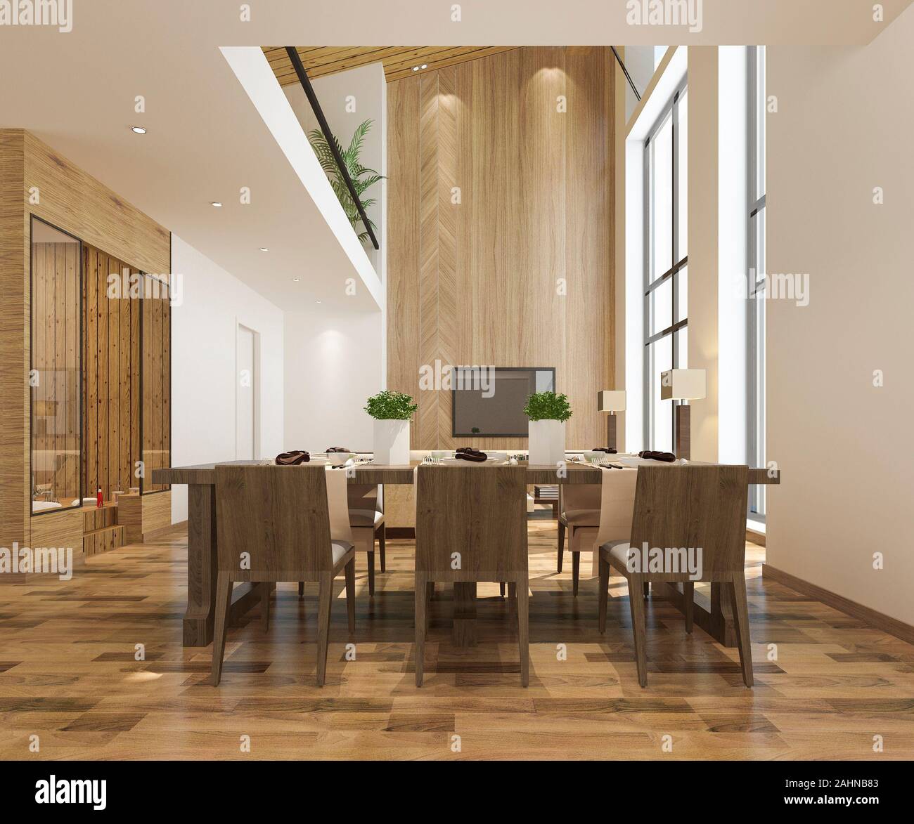 3d rendering modern dining room and living room with luxury decor Stock ...