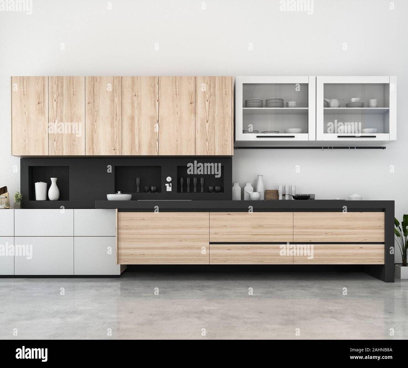 3d rendering white minimal mock up loft kitchen with wood decoration Stock Photo